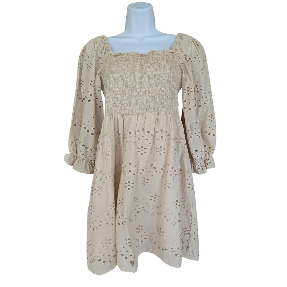 Rebellion Again Cottagecore Fairycore Eyelet Smocked Prairie Dress Beige XL